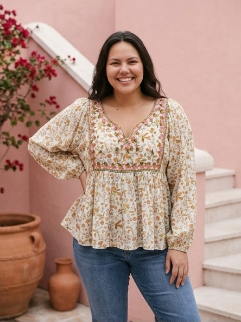 World Market Sm/M Boho Floral Blouse - Cream and Orange